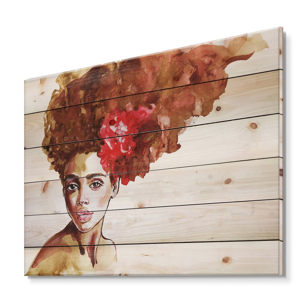 Designart - Portrait of Young Afro American Woman II - Modern Print on Natural Pine Wood